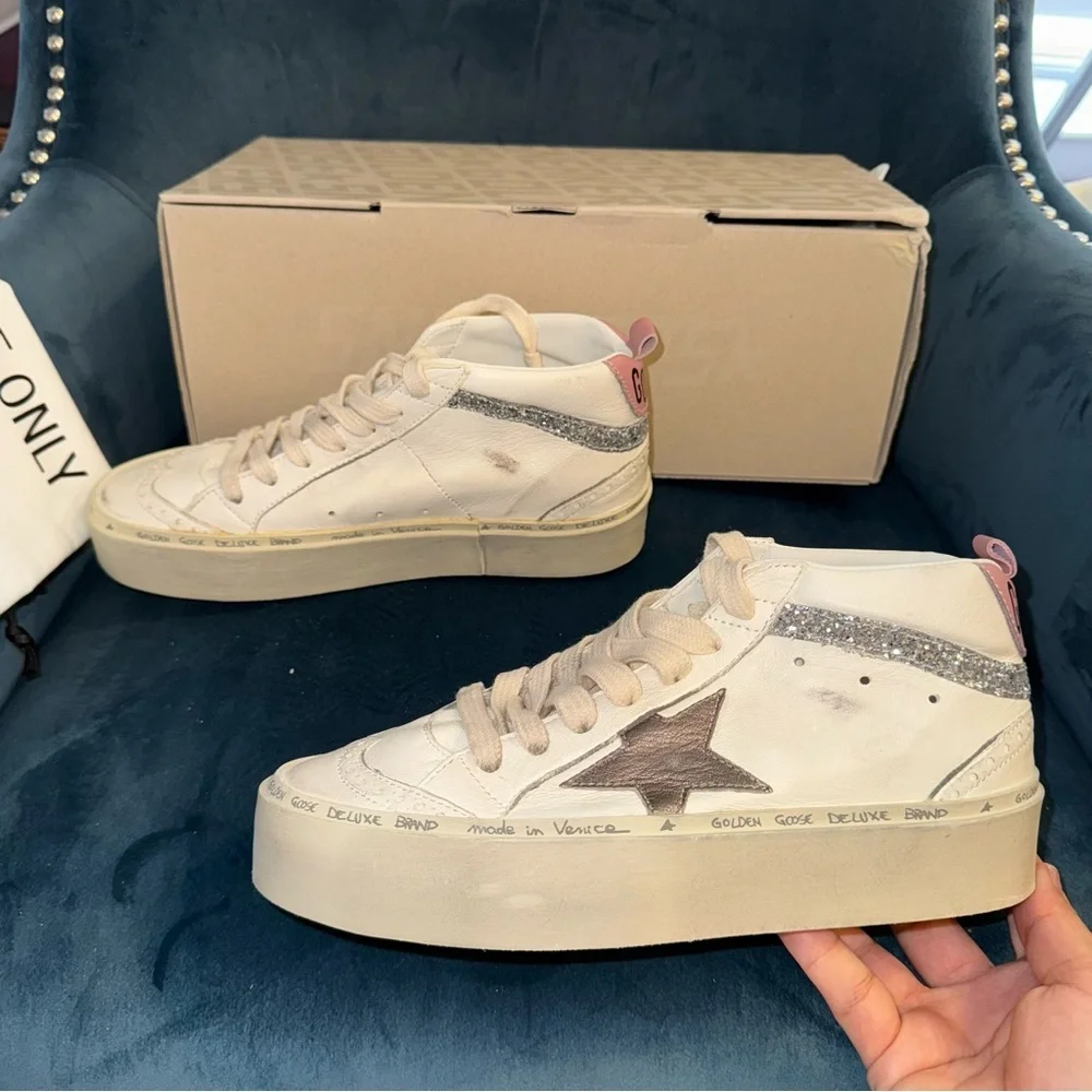 New Size 36 Golden Goose Hi Mid Star Classic Sneakers White Bronze Silver